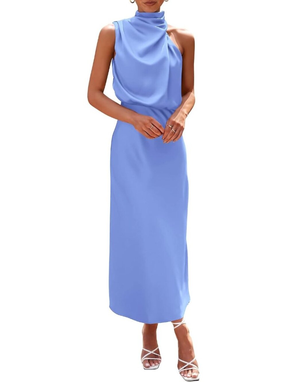 Women's Blue Silk Fabric Sleeveless Mock Neck Satin Maxi Cocktail Party Dress